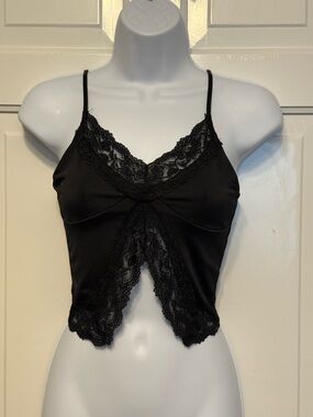 Missguided + Black Satin Lace-Trim V-Neck Cami Top